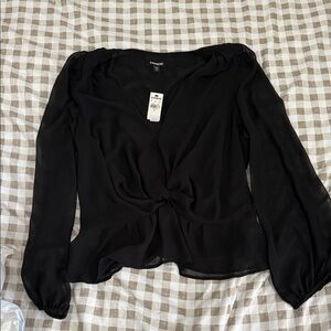 Express Black Twist-Front Long-Sleeve Blouse